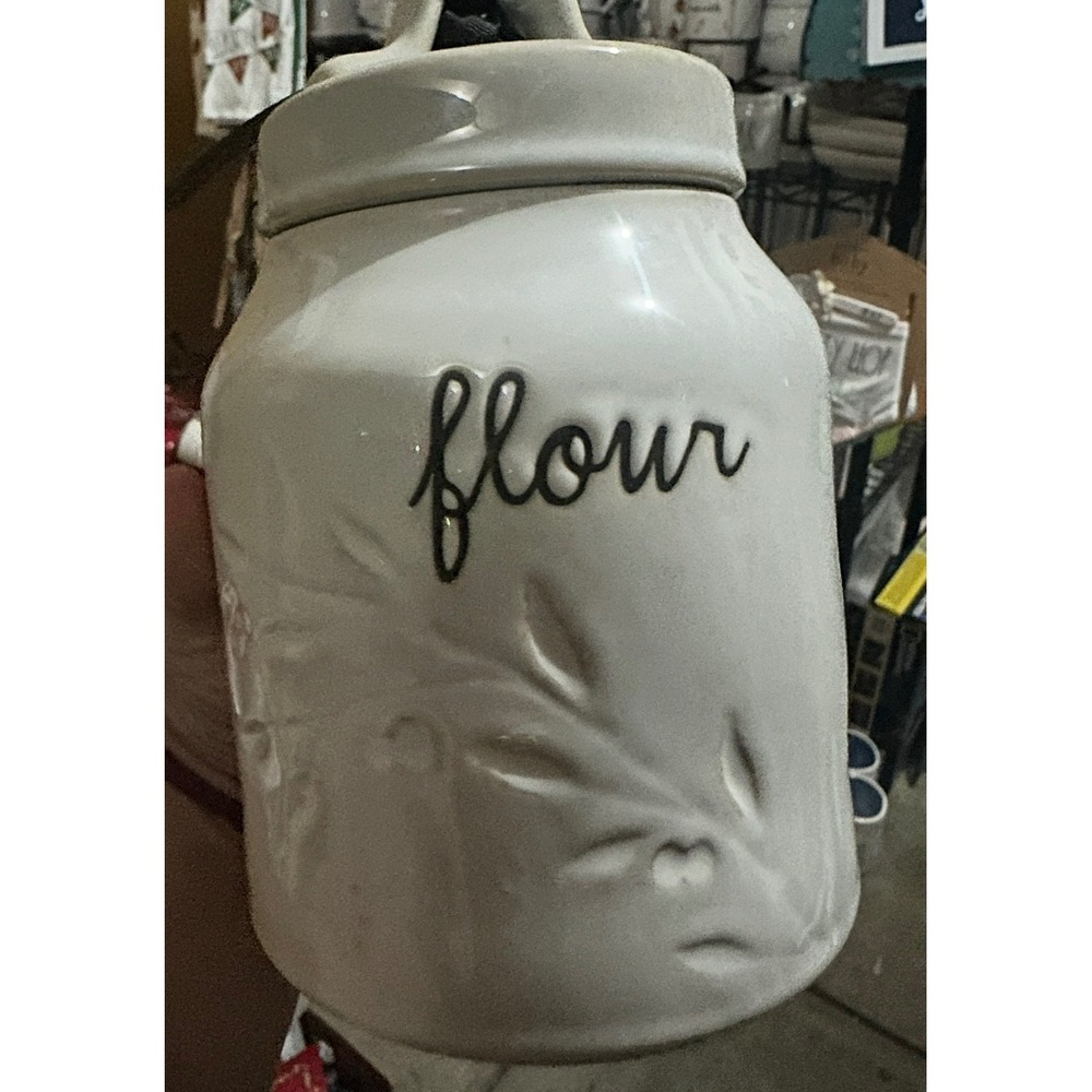 Rae Dunn Flour Canister White Ceramic Farmhouse Kitchen Storage Jar with Lid